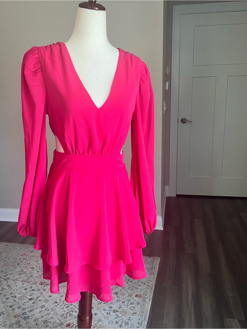 Vibrant Mini Tiered Long Sleeve Dress with Side Cutouts and Puff Shoulder Detail